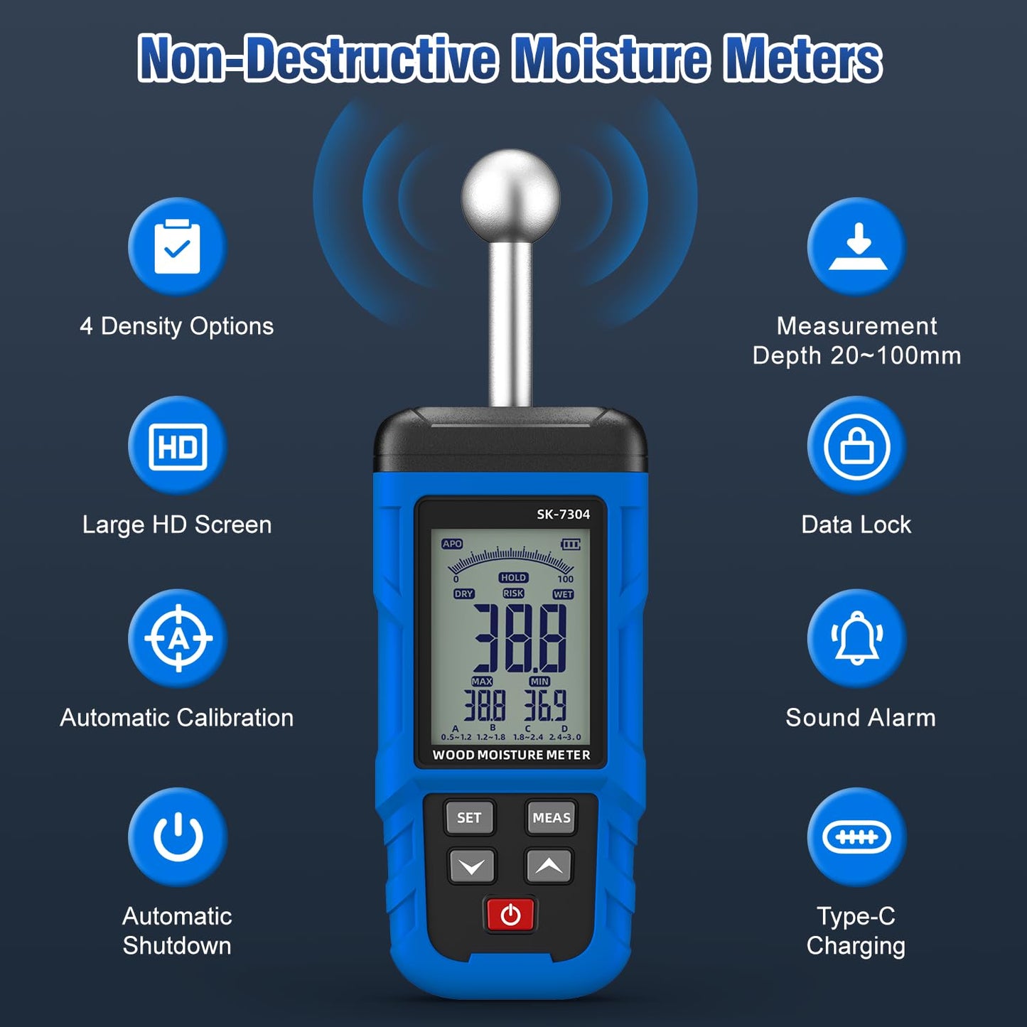 Moisture Meter, Wood Moisture Meter Rechargeable for Drywall Measurement, Pinless Moisture Meter with 20-100mm Measuring Depth for Detecting Humidity Level in Walls, Lumber, Masonry (Blue)