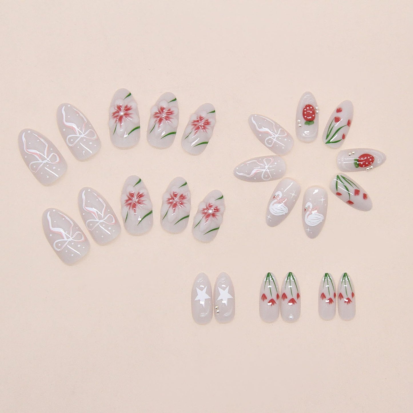 RUOKEXIN Almond Press on Nails Medium Fake Nails White False Nails with 3D Flowers Designs Spring Summer Nail Press ons Glossy Artificial Nails for Women 24Pcs