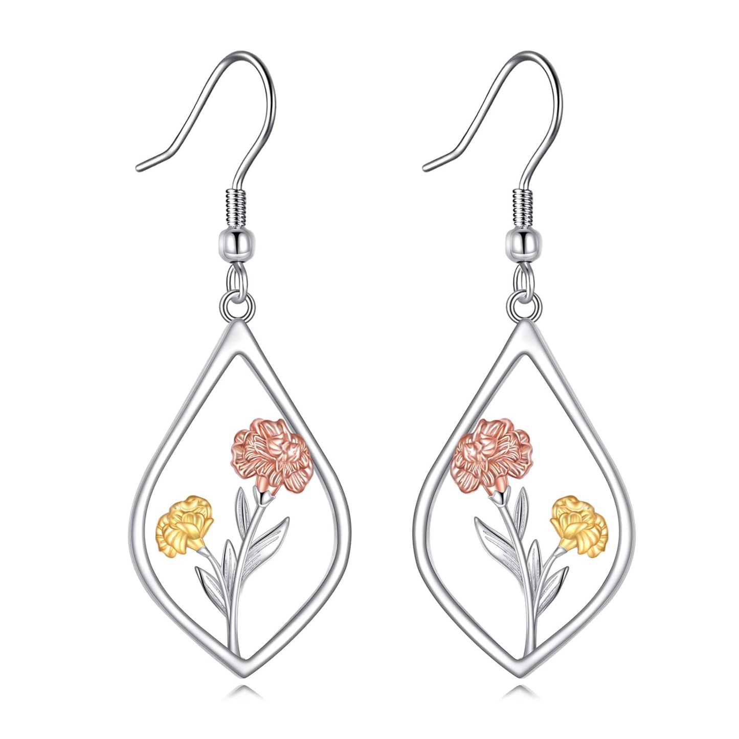 Carnation Earrings 925 Sterling Silver January Birth Flower Dangle Earrings Teardrop Jewelry Gifts For Women