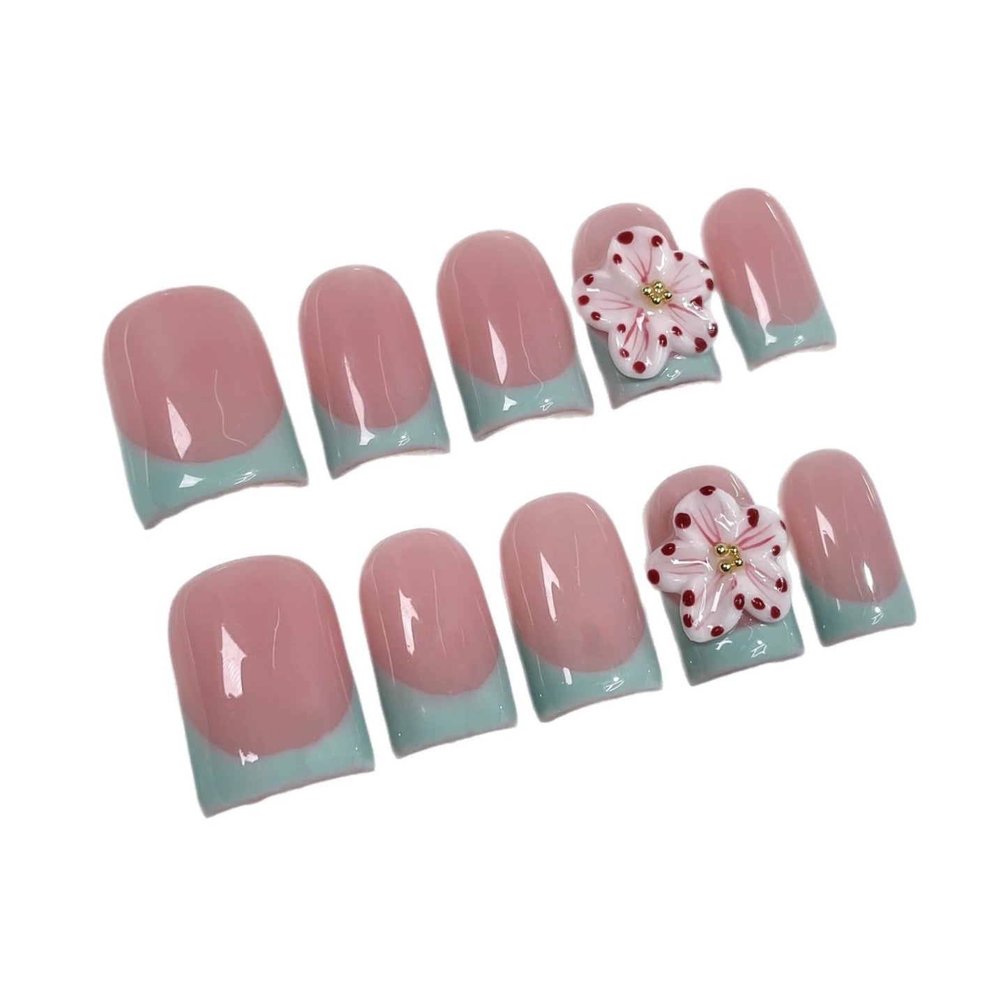 3D Flower Press on Nails Short Square Fake Nails Thick and Multi-Layer Gel Handmade Press On Nails Green French Tip False Nails with Designs Luxury Stick on Nail for Women Manicure (Size M)