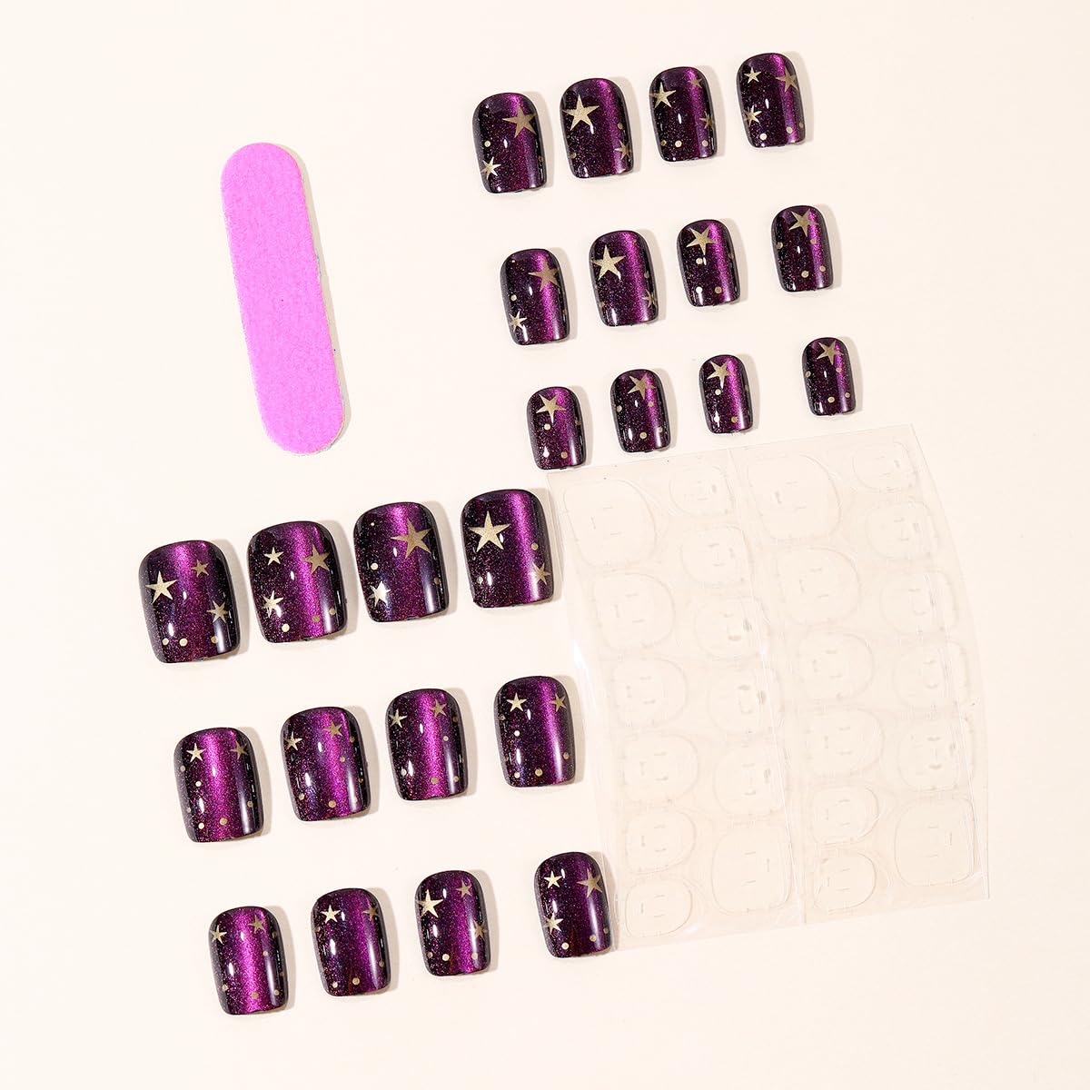 Purple Press on Nails Cat Eyes Short Square Ombre Nails press ons Polka Dot Fake Nails with Gold Star Designs Spring Summer Nails Tips Full Cover Acrylic Reusable Fingernails Stick on Nails for Women