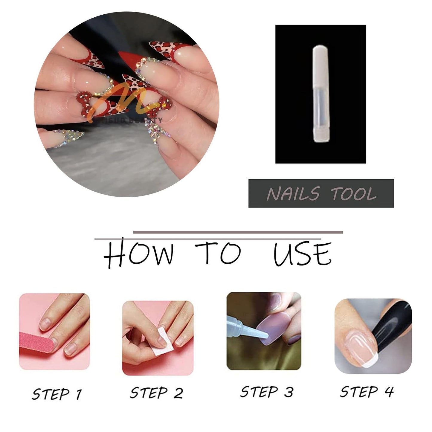 MISUD Press on Nails - Long Stiletto Fake Nails with Red French Tip, Acrylic Cheetah Rhinestone Design 24 pcs