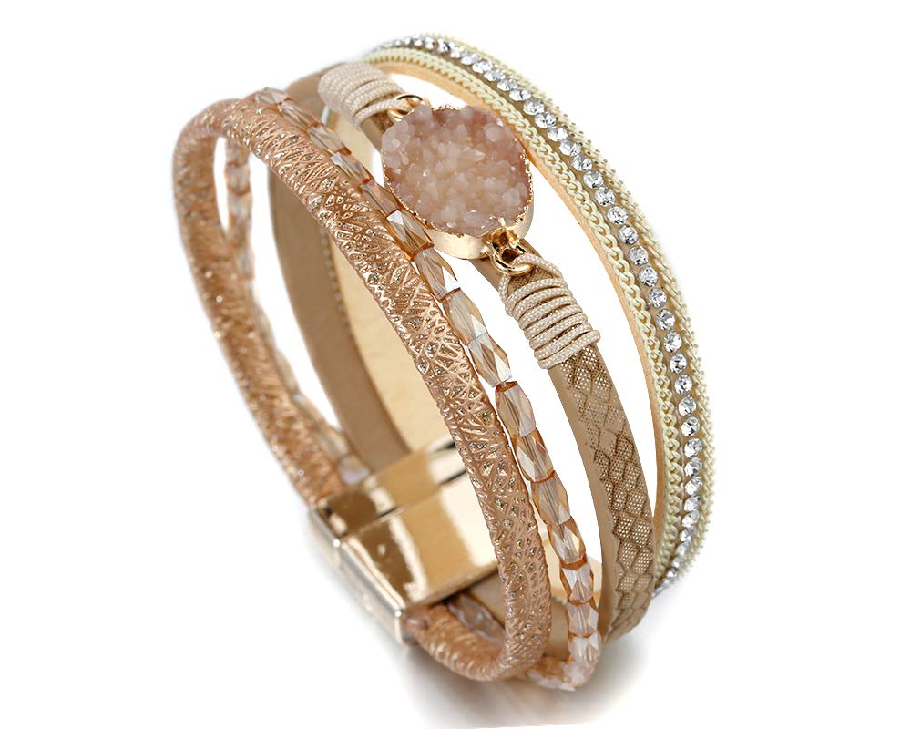 Fesciory Leopard Bracelet for Women, Boho Leather Wrap Multi-Layer Pearl Crystal Bracelet Bangle Jewelry(Stone(Short))