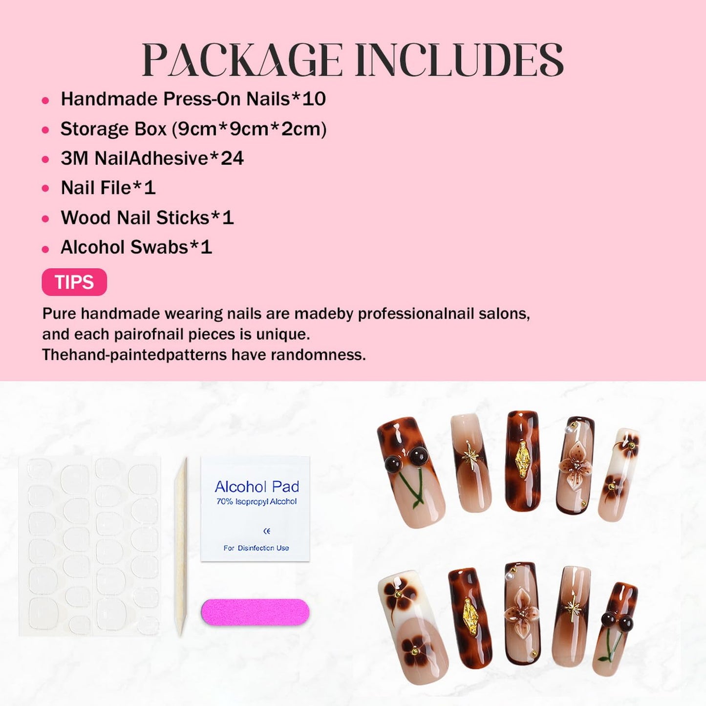 Brown French Tip Press on Nails Long Coffin Fake Nails Handmade Press on Nails 3D Luxury Flower and Cherry Embossed Designs Muti-Layer Gel Thick False Nails Glossy Acrylic Nails for Women (Size S)