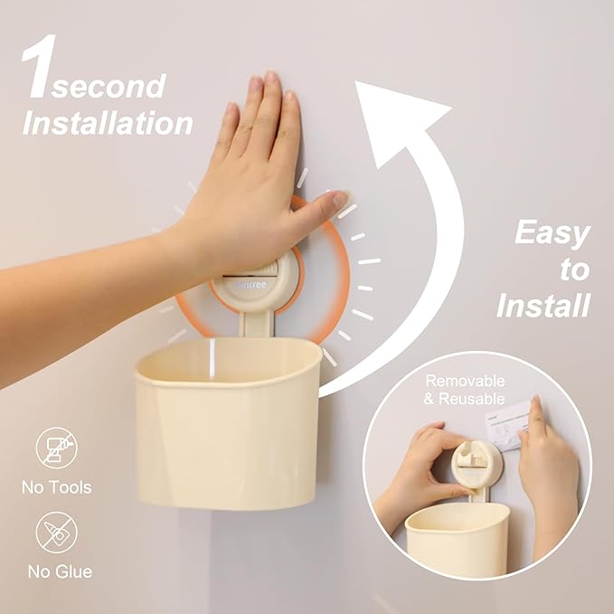 suntree Suction Cup Toothbrush Holder with Drainage Holes - No Drill Wall Mount Organizer for Razor, Toothpaste, Face Wash - Milky White