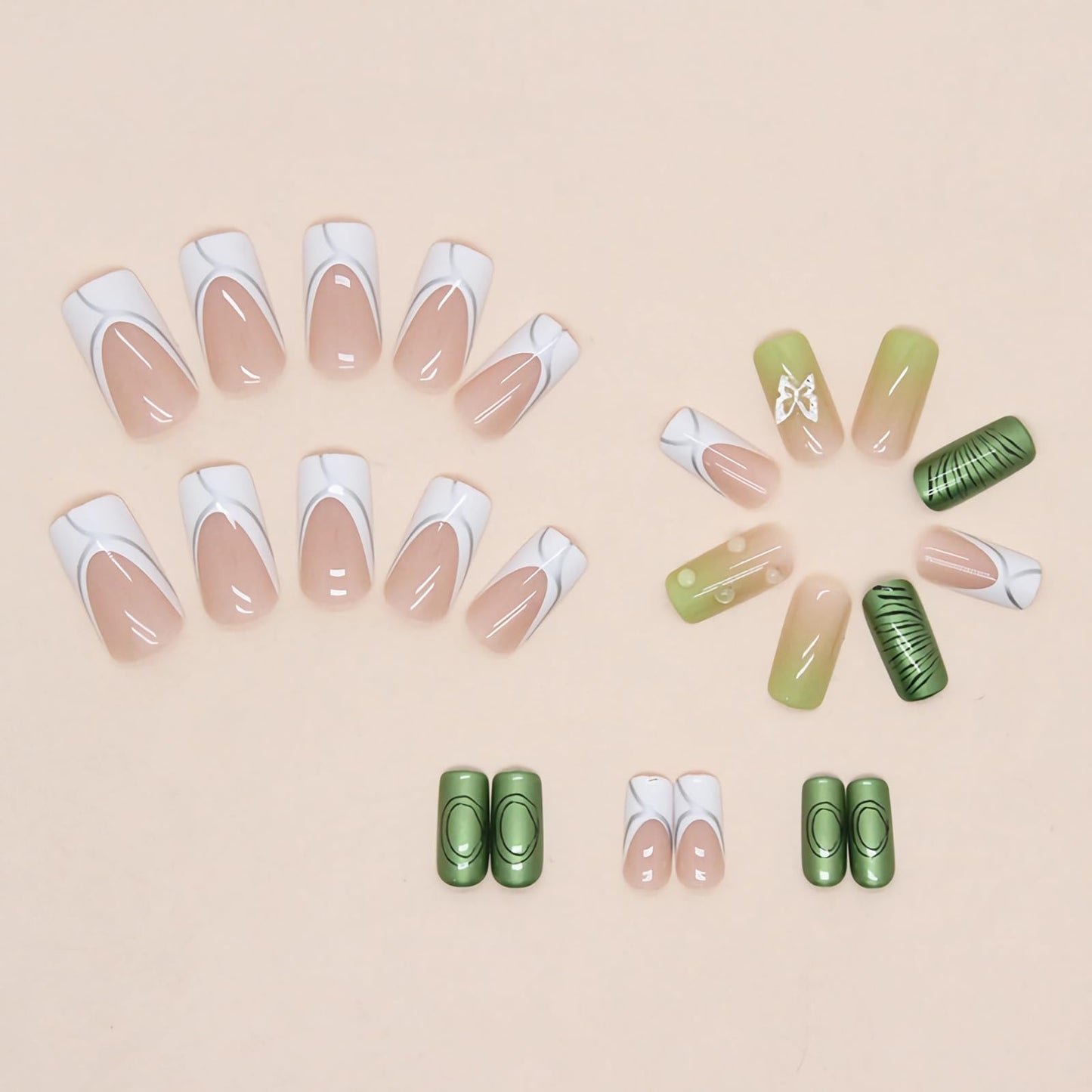 BABALAL Square Press on False Nails Medium Fake Nails Green Glue on Acrylic Nails 3D Butterfly Rhinestone French Tip 24Pcs for Women and Girls