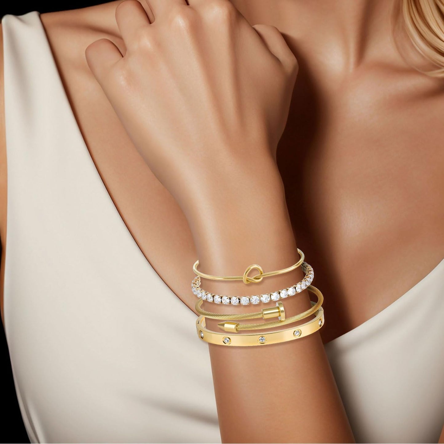 18K Gold Plated Love Nail Bangle Bracelet Set, 4pcs Stackable Stainless Steel Bangles for Wife Mom Girlfriend Daughter