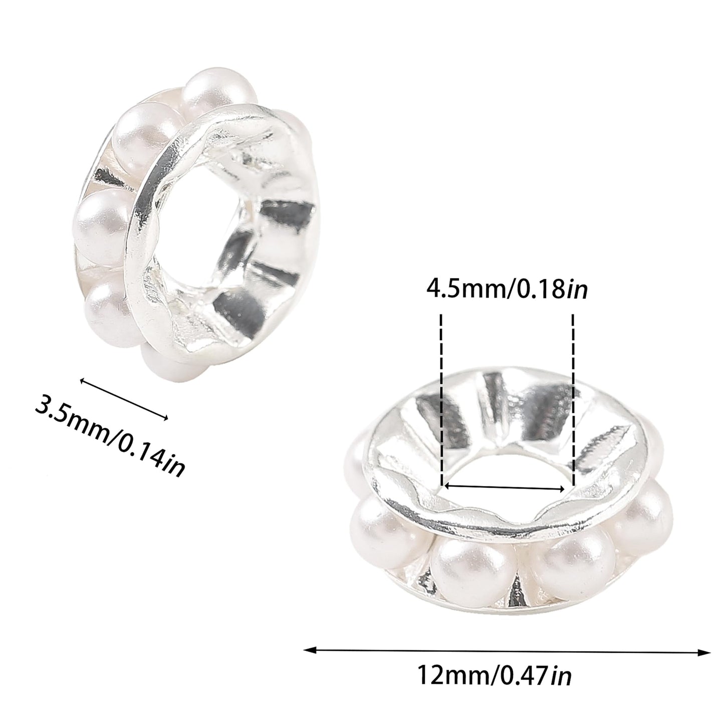 Upnedo 200PCS Large Hole Imitation White Pearl Spacer Beads 12mm Silver Plated Rondelle Spacers Faux Pearl Beads for Bracelets Beadable Pen Making DIY Jewelry