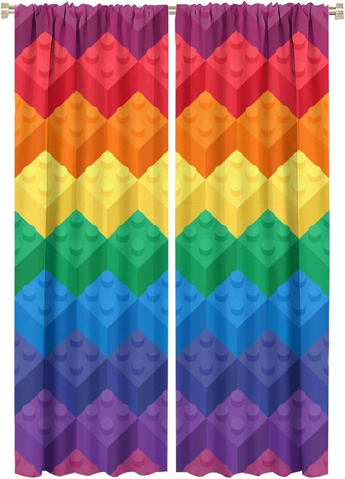 Colorful Building Blocks Cartoon Toy Printed Curtains, Bedroom, Living Room, Architecture, Curtains, Fun Brick 3D Design Curtains, Children's Living Room, Window Treatment Panels 2 Panels 42x63in