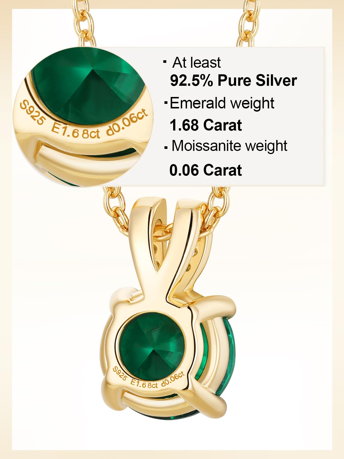 CYW Green Emerald Small Gold Round Necklace for Women 925 Sterling Silver Solitaire Pendant