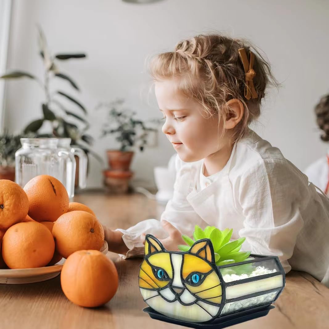 Entlityful Stained Glass Yellow Cat Flower Pot,Small Succulent Planter for Indoor Plants,Cat Plant Decoration for Windowsill 4.33x3.54x2.95 in（Excluding Plants）