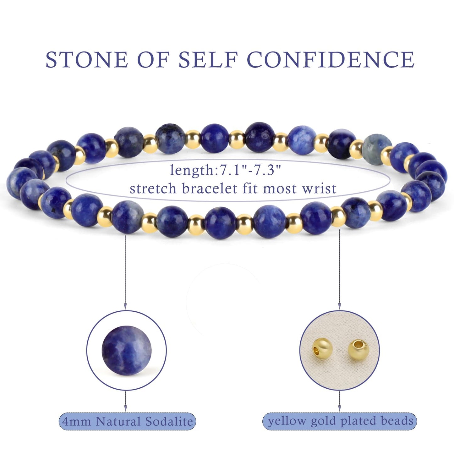 QOGIR Blue Sodalite - Self Confidence - 14K Gold Plated Beads Natural Gemstone Stretch Elastic Dainty Healing Beaded Bracelets Gifts 4mm
