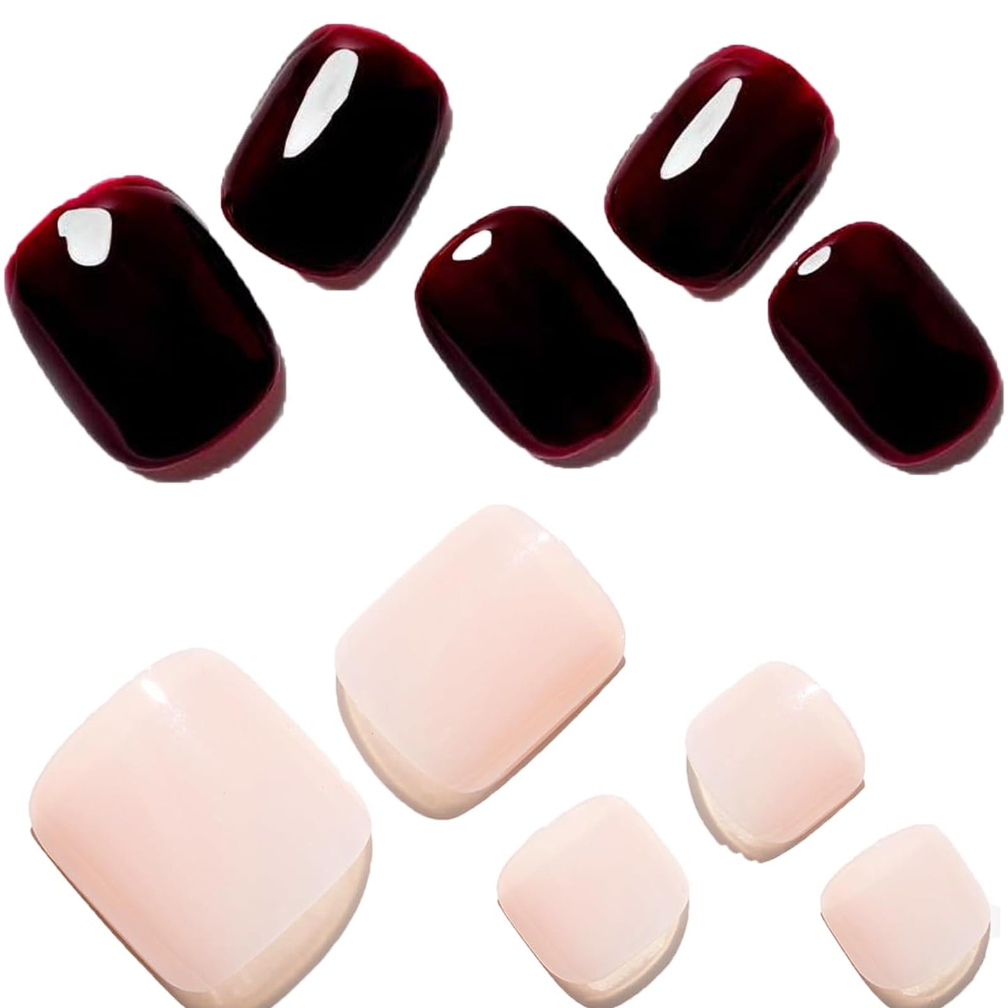 GLAMERMAID Press On Nails Squoval with Press on Toenails Sets,Dark Red Nude Glossy 48 Pcs Toenails Press Ons,Hand and Toenails Sets for Women