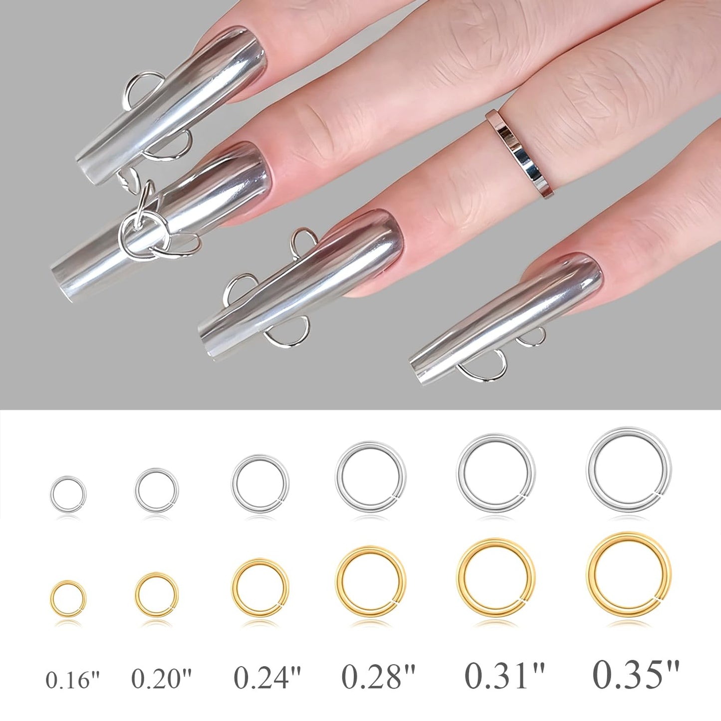 Furtherpretty Gothic Punk Nail Piercing Charms, Gold Silver Open Rings Dangle Nail Charms Y2K Piercings for Nails Grommets Eyelets Nail Art Decorations Accessories DIY Manicure Supplies with Tweezers