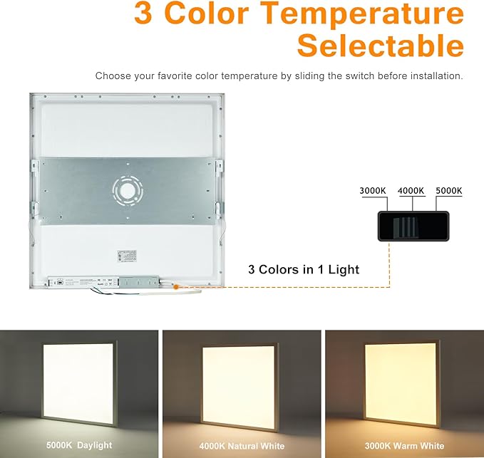 Mcacggo 2x2 FT LED Flat Panel Light Surface Mount Dimmable & 3000K/4000K/5000K in one - 40W 24x24 inch Backlit Flush Mount Ceiling Fixture, Bright 4400LM, 100-277V, ETL Listed, 4-Pack