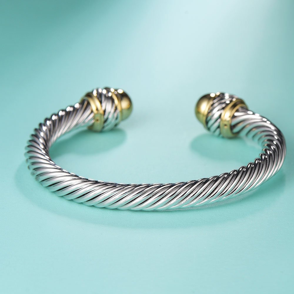 UNY JEWEL Two Tone Twisted Wire Rope Open Cuff Bracelet Metal Gold Tips for Women