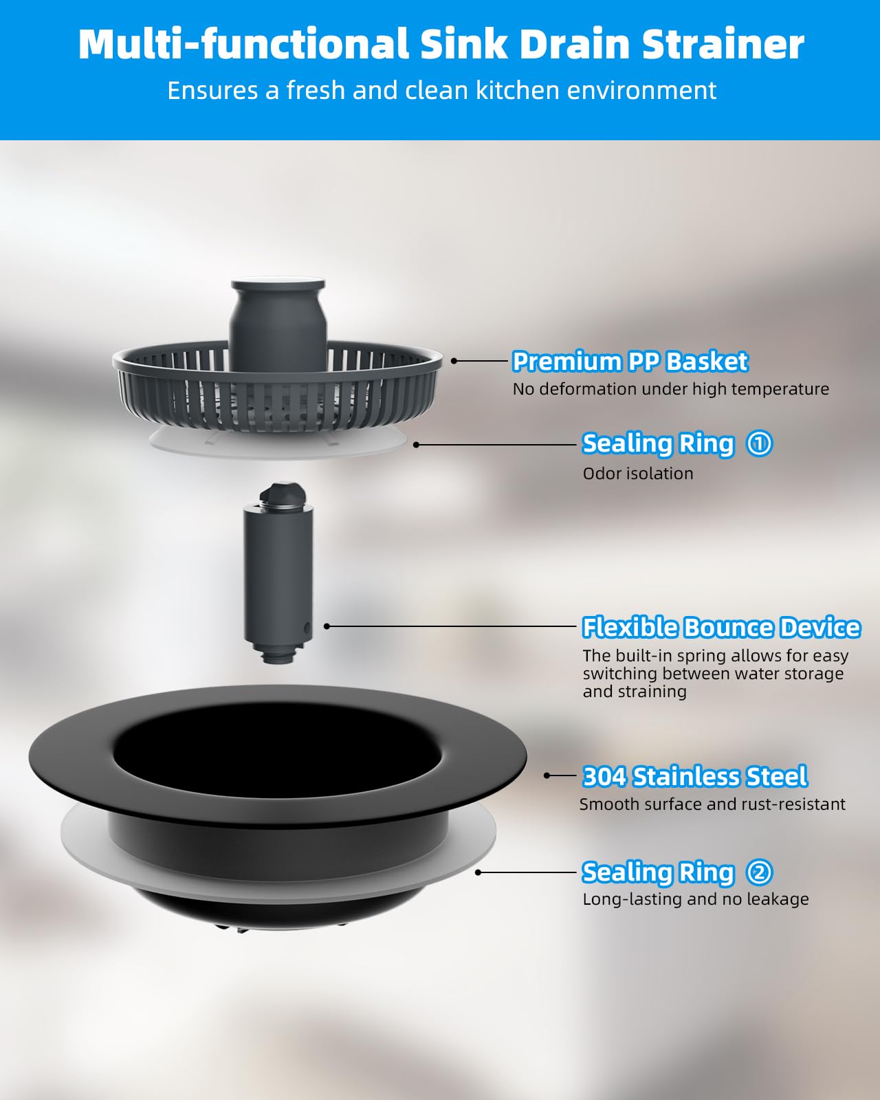 Hibbent 2 Pack 3 in 1 Kitchen Sink Drain Strainer and Stopper Combo, Stainless Steel Metal Pop Up Sink Stopper, Anti-Clogging Basket Strainer with Handle for US Standard 3-1/2 Inch Drain, Black