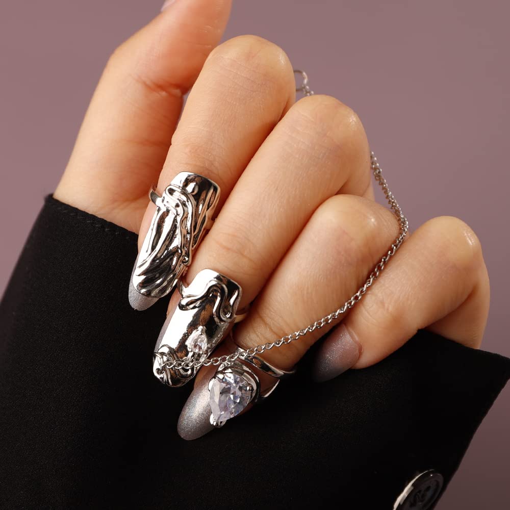 Rumtock 4pcs Punk Silver Fingertip Protective Nail Rings Set with Knuckle Chain Ring Manicure Jewelry for Women Gilrs