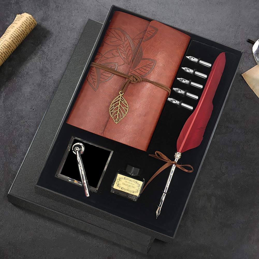 GCCL Feather Quill Pen and Ink Set – Vintage Calligraphy Writing Kit with 5 Nibs, Journal Notebook, Ink Bottle, Pen Holder, Gift Box for Men and Women (Red)