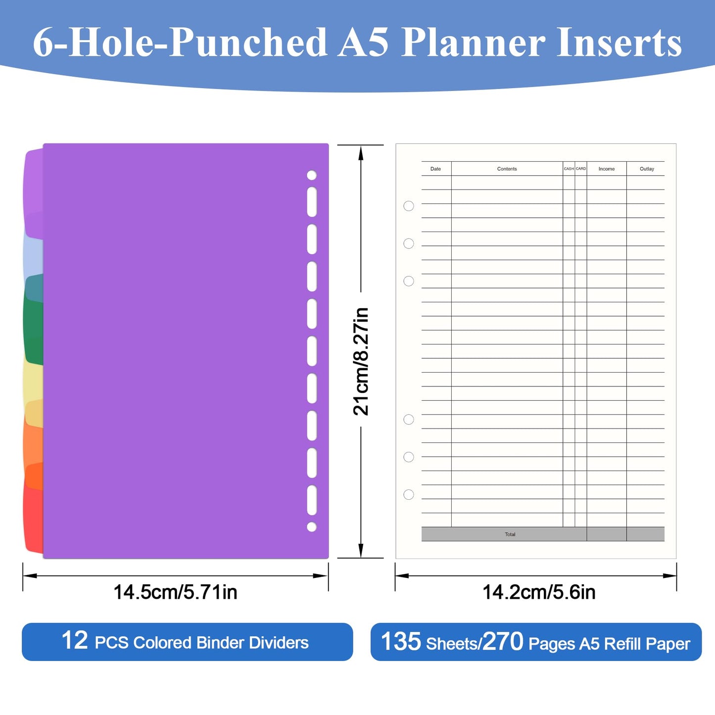 Antner A5 Finance Refill Paper Planner Refills, 135 Sheets 6-Hole Finance Records Loose Leaf Filler Paper with Binder Dividers for A5 6-Ring Budget Binder, Refillable Notebook, Accounting Book Inserts