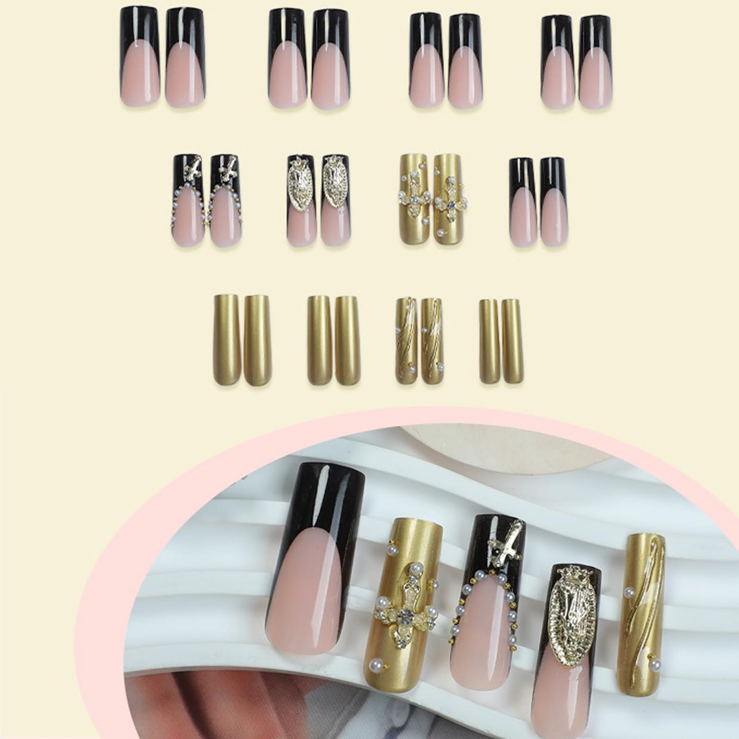 IMRAIN Press on Nails Long Square Fake Nails Black French Tips False Nails with Gold Chrome, Golden Charms Designs Full Cover Luxury Glossy Acrylic Glue on Nails