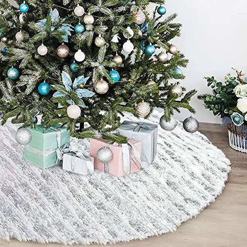 Xmas Tree Skirt White Bronzing Luxury Faux Fur Tree Skirt (Silver, 48in)