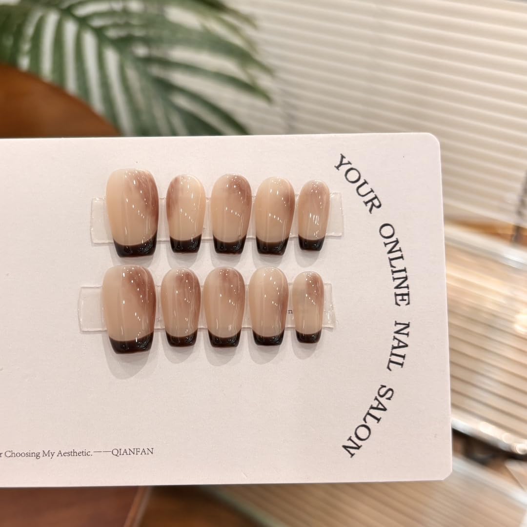 Mocha Gradient French Tip Press On Nails, Medium Almond Shape, Reusable Manicure Set，Gradient Nude Fake Nails for Office Wear (M)