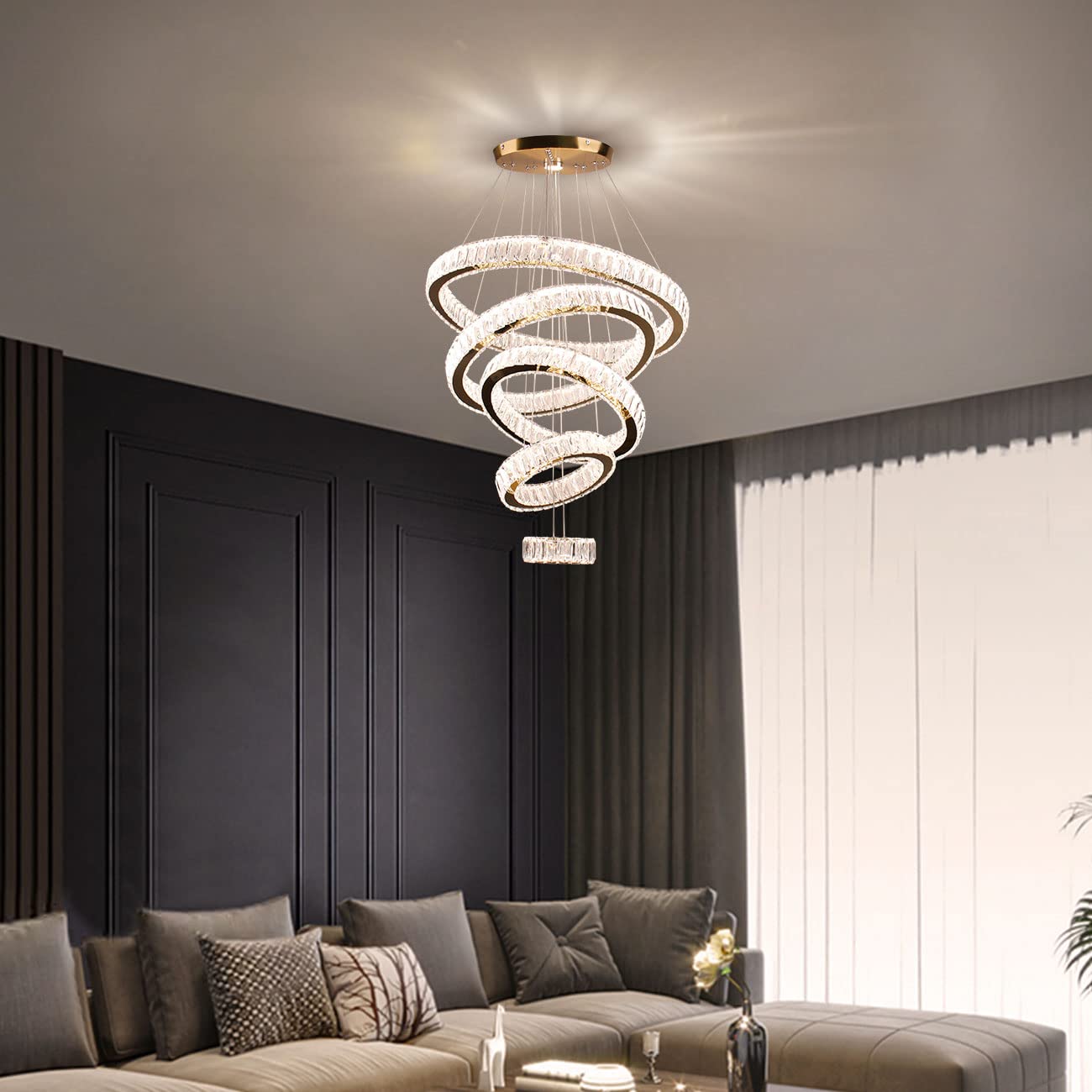 Dixun LED Big Crystal Chandeliers Modern 5 Rings Pendant Light Adjustable Ceiling Light for Bedroom Dinning Room Kitchen (Multicolor,Control by Switch)