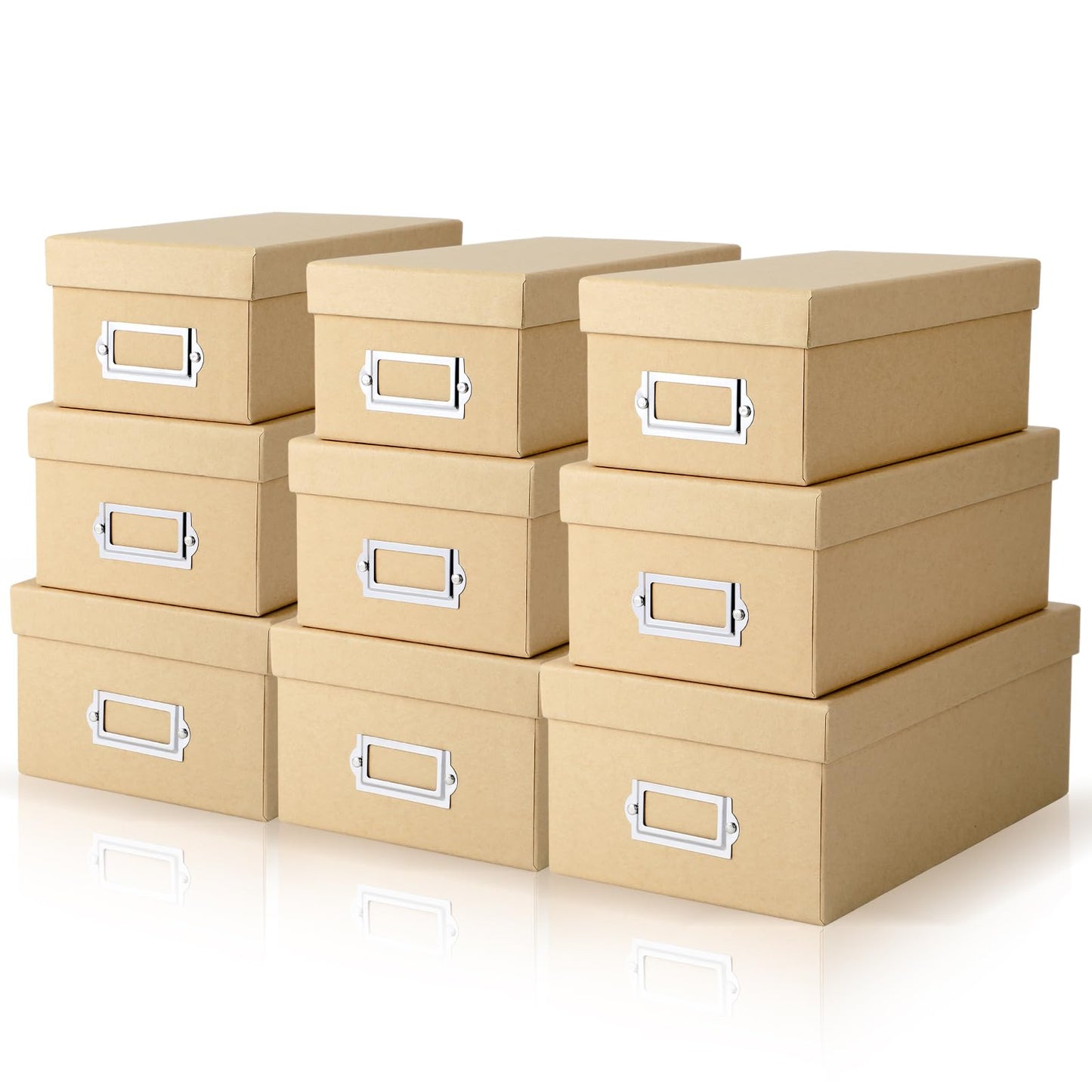 Threehoney 9 Pcs Kraft Storage Boxes Rectangle Stacking Boxes with Lids and Cardboard Organizers with Gold Label Holders for Home Decor and Organizing(Khaki)