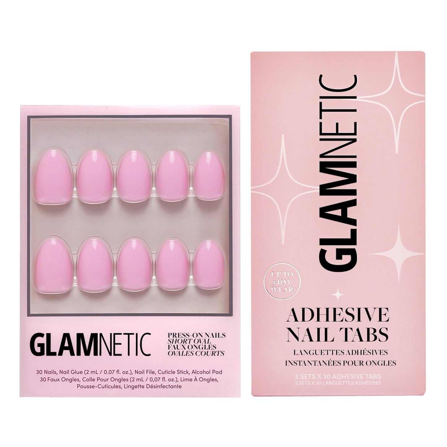 Glamnetic Press-On Nails & Adhesive Nail Tabs - Think Pink | Solid Opaque Light Pastel Pink Short Oval Nails, Reusable | 15 Sizes - 30 Nail Kit