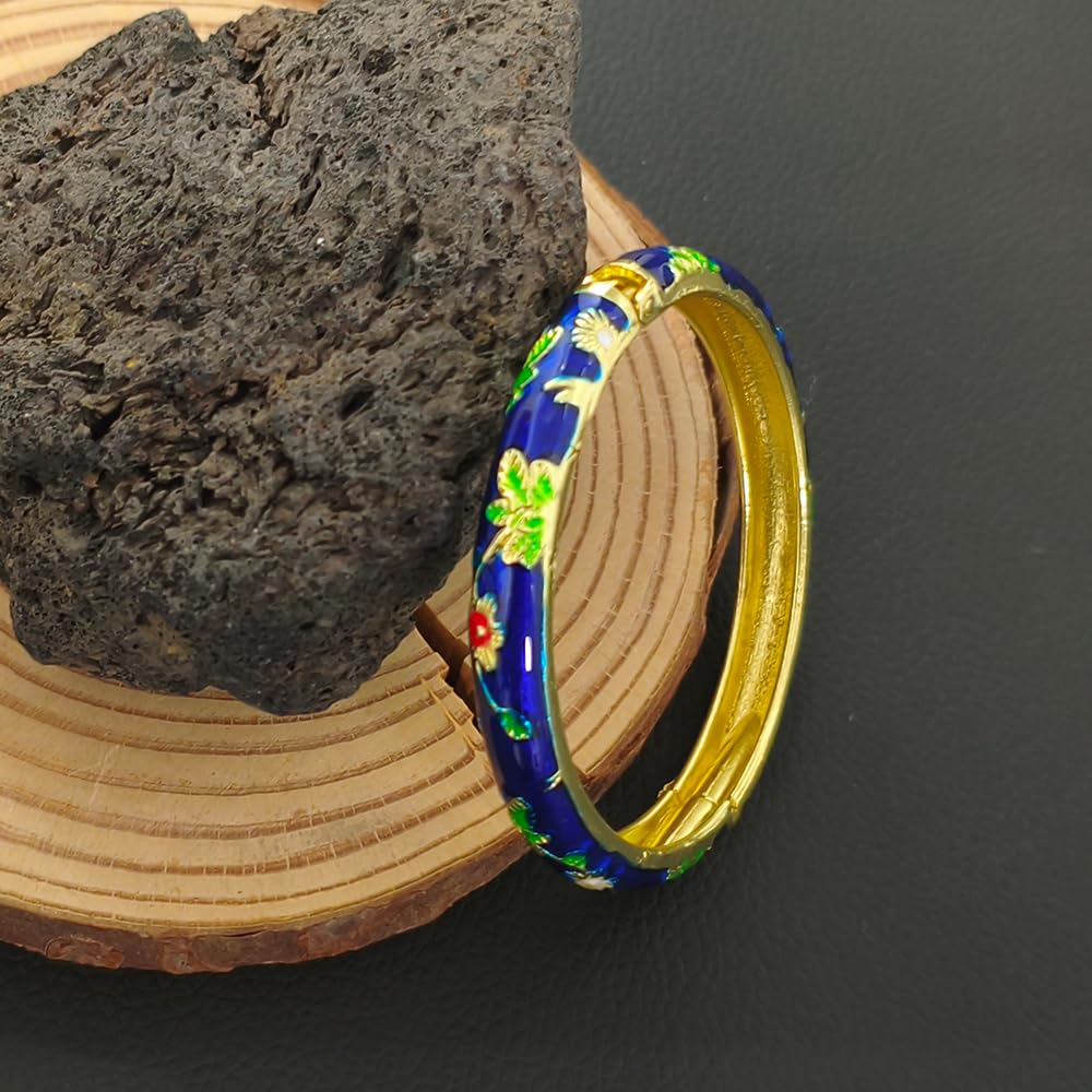 Cloisonne Bracelet For Women, Chunky Bangle Trendy Cute Flower Enamel Bangles Multi Tone Engraved Cuff Gold Plated Bracelets Stackable Wife Jewelry Friendship Gift (Dark Blue, One Size)