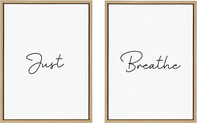 Kate and Laurel Sylvie Just Breath Black and White Framed Canvas Wall Art by The Creative Bunch Studio, 2 Piece 18x24 Natural, Minimalist Calming Art Multi-Piece Set