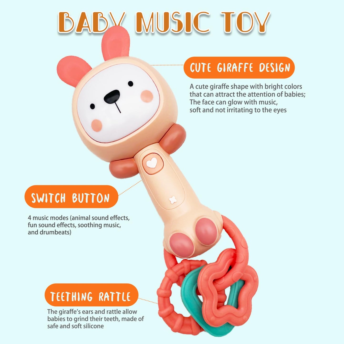 WHNKFB Soft Pink Bunny Baby Musical Rattle Toy - Light-Up Teether & Sensory Chew, BPA-Free Soft Rubber, Baby Shower & 1st Birthday Gift for 6-18 Months 1+ Year Old