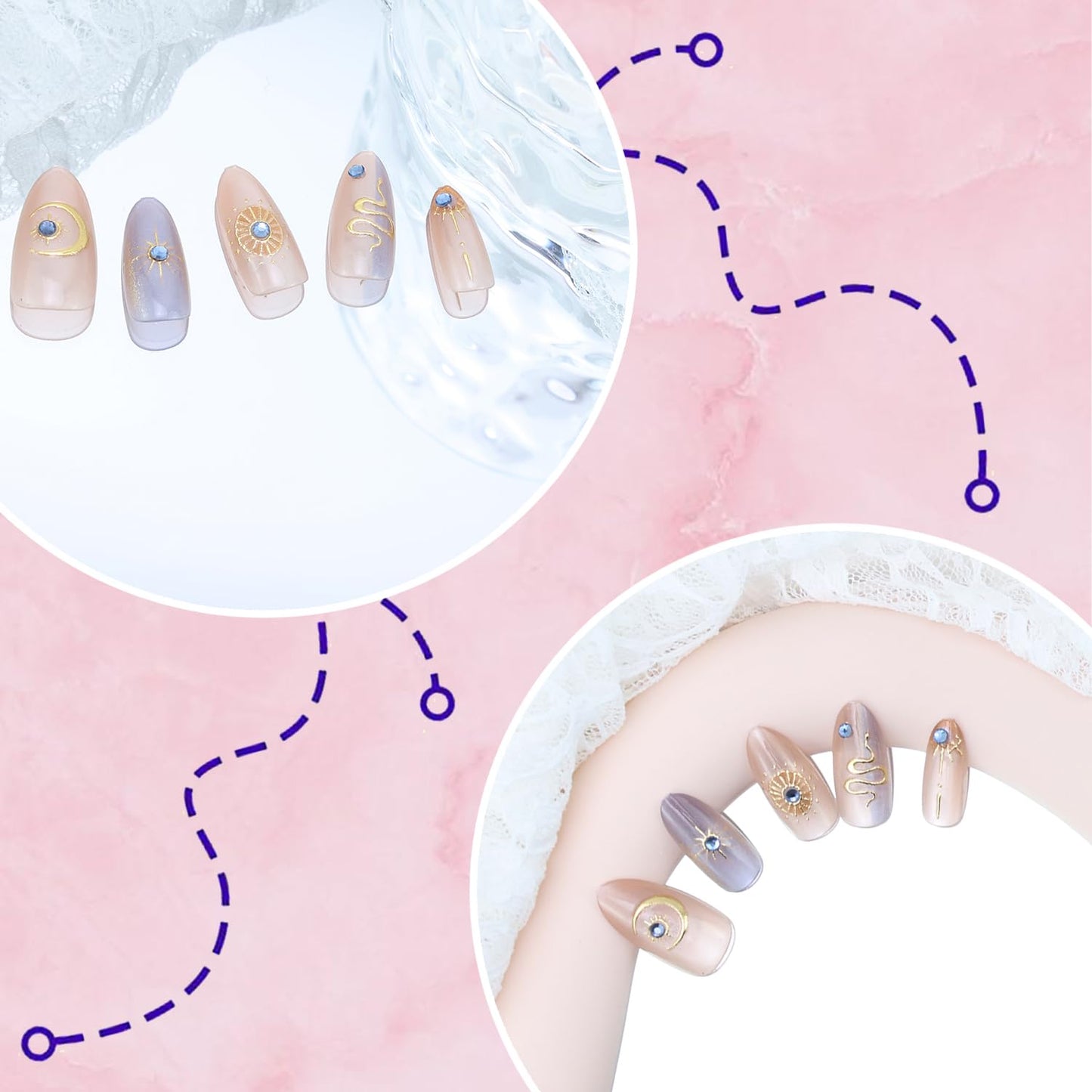 30Pcs Gold Star Press on Nails Medium Almond Fake Nails with 3D Blue Rhinestones Designs Glue on Nails Cute Moon Acrylic Nails Gold Snake French False Nails Bohemian Style Stick on Nails for Women