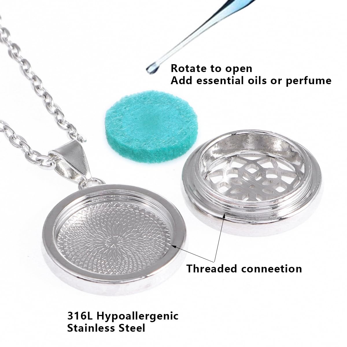 YWLI Essential Oil Diffuser Necklace Aromatherapy Locket Pendant Necklace Stainless Steel Necklace Pendant with 10 Pcs Refill Pads