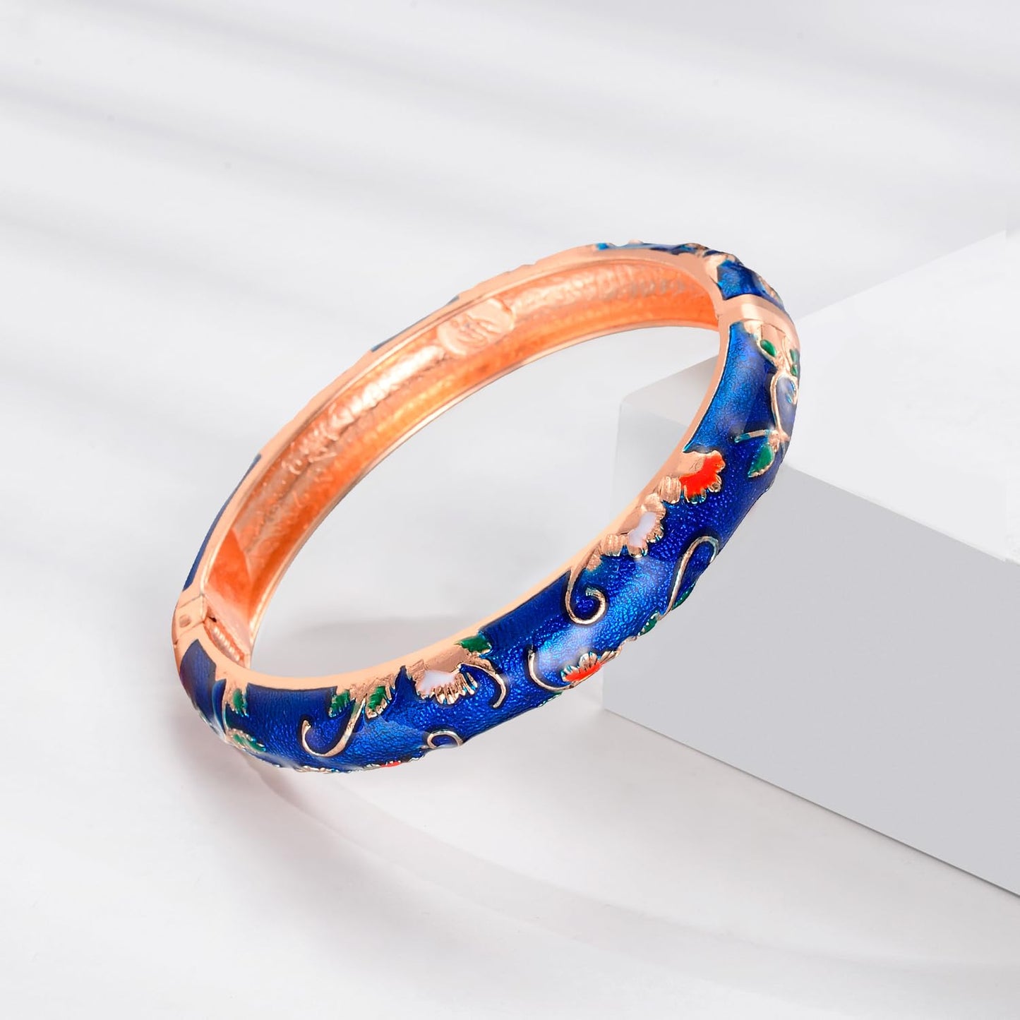 UJOY Vintage Bangles Bracelets Cloisonne Enameled Flower Spring Hinge Clasp Indian Style Jewelry Set for Women 55A81-55A108 Navy Blue