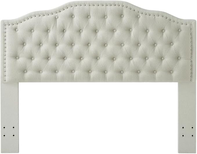 24KF Upholstered Button Tufted Queen Headboard with Nailhead Trim, Elegant Boucle Fabric Full headboard, 6031-Q-Boucle-Beige