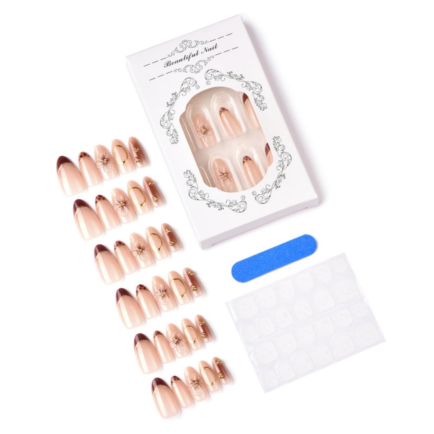 Short Press on Nails Almond Fake Nails Brown Artificial Nail Floral and Gold Charm Designs Stick on Nail for Women 30pcs