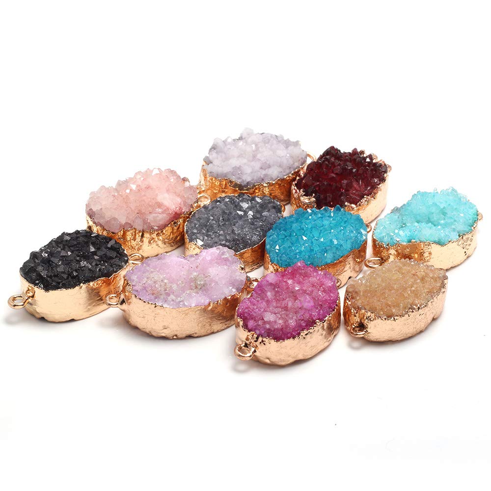 LHJ 5Pcs Natural Druzy Agate Connectors Random Color Stone Pendant Charms for Making Necklace Craft