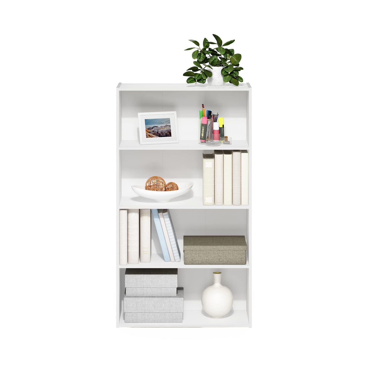 Furinno PASIR Book Shelf, 4-Tier Bookshelf, Bookcase with Open Shelf, 9.4 x 23.6 x 41.7, for Living Room, Bedroom, Home Office, Plain White