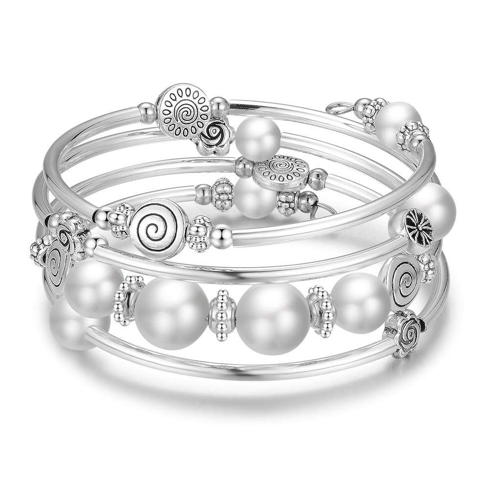 BULINLIN Bead Wrap Bangle Pearl Bracelet - Silver Metal Bracelet Gifts For Women(02-White)