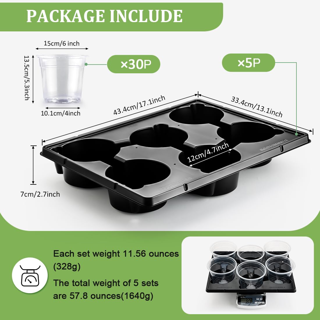 RooTrimmer 30 Pack 6 Inch Clear Nursery Pots and 5 Pack 6 Cell Round Plant Pot Trays, Sturdy Seeds Starting Germination Shuttle Carrying Trays, Planter Nursery Propagation 5 Sets