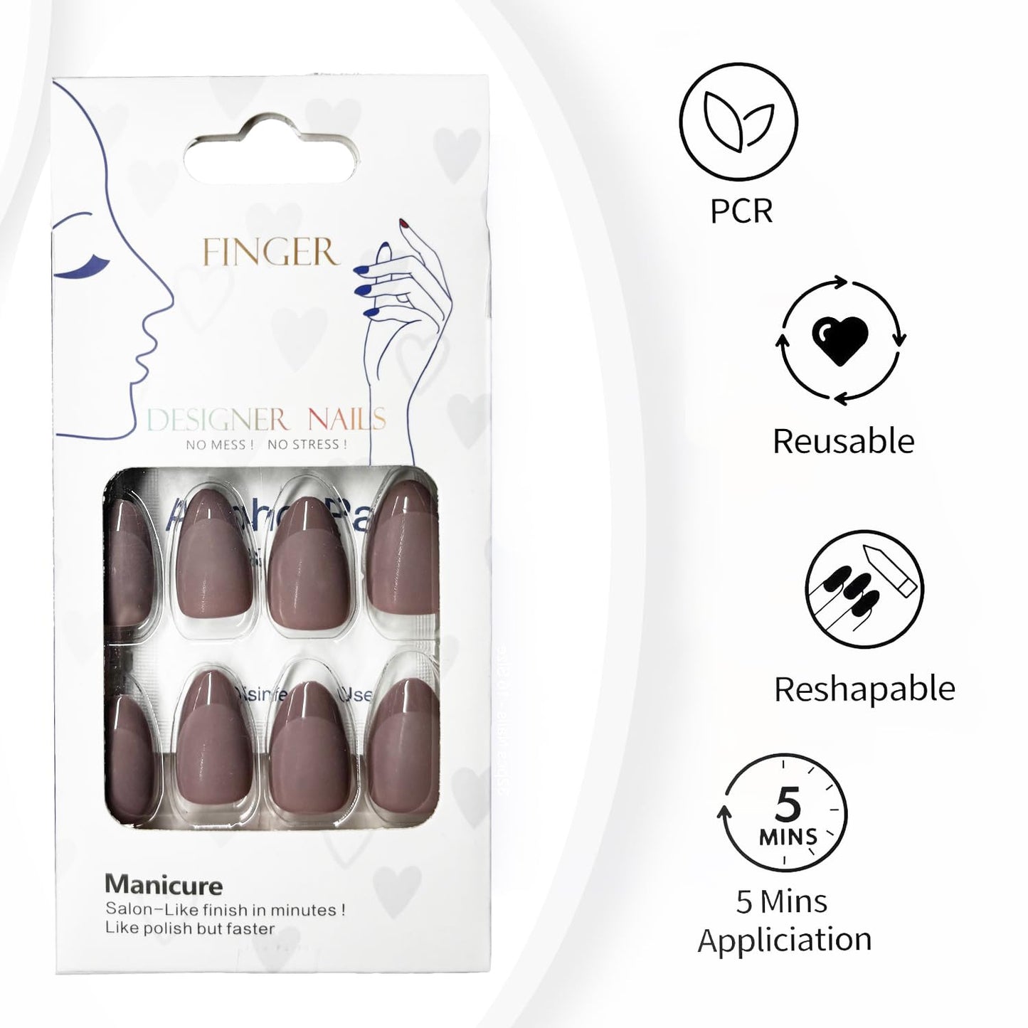 Press On Nails Short Almond Brown Nails with Glossy French Tips in a Matte Finish 16 Sizes - 32 Nail Kit with Glue