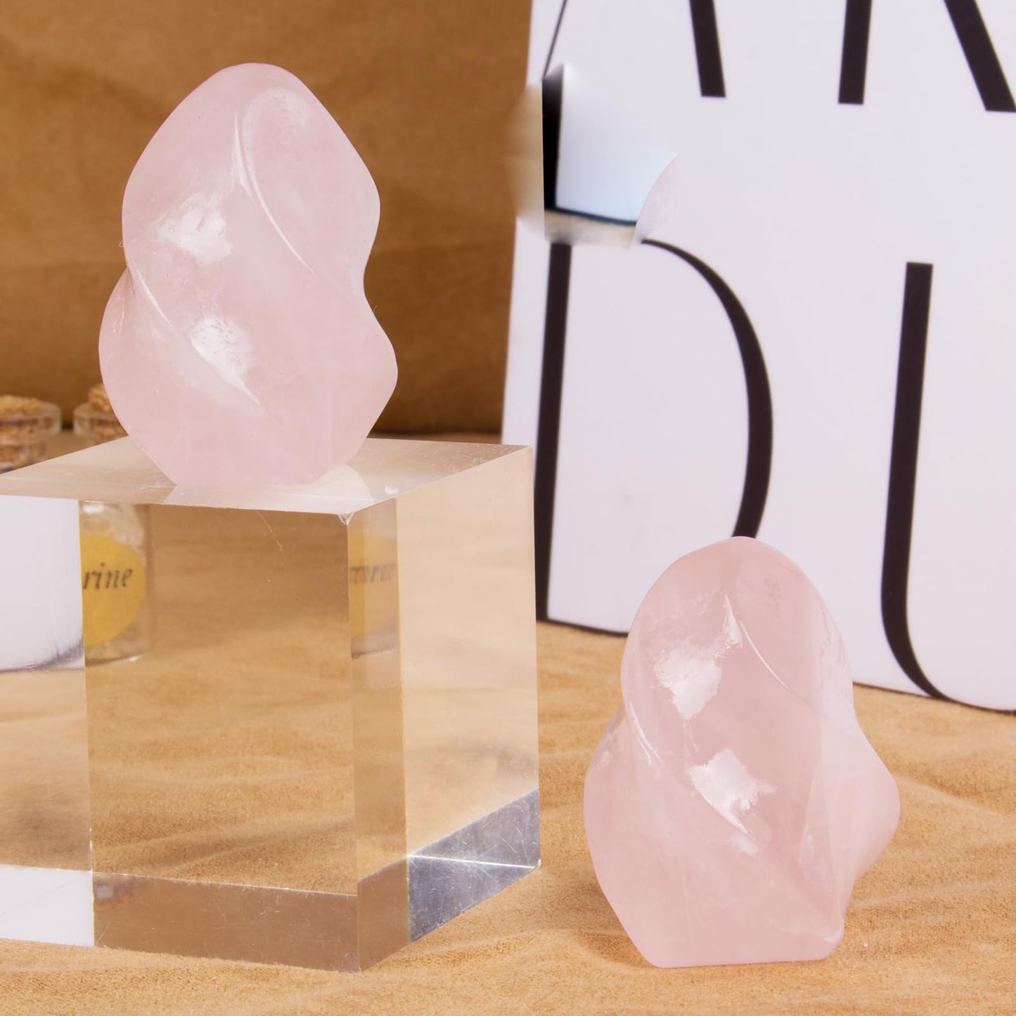 Hguxmcu Natural Rose Quartz Flame Tower,Reiki Healing Energy Meditation Crystal Stone Decor,Home Office Witchcraft Altar Space Cleansing