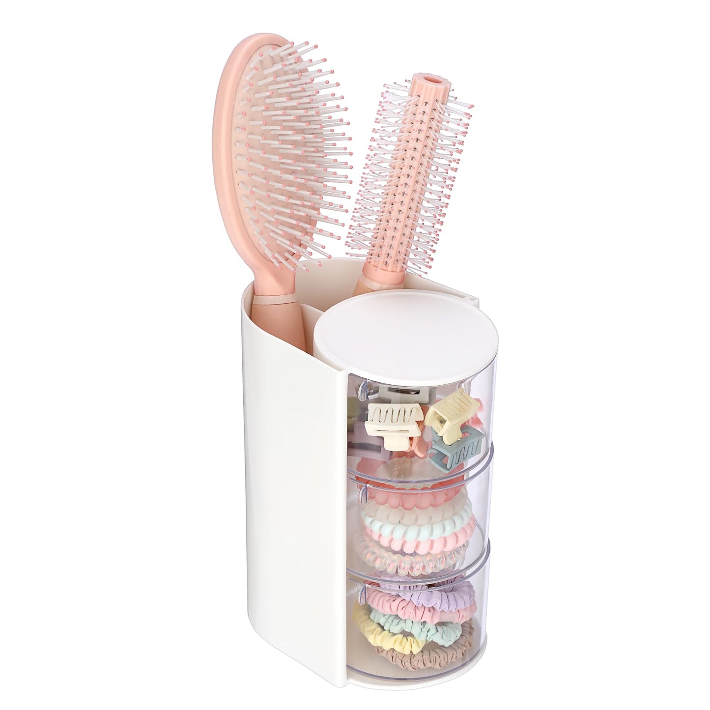 GUSHBIN Rotating Hair Accessories Organizer with Comb Holder Plastic Hair Clips Storage Container Cosmetic Storage Box for Makeup Sponge Brush, 3-Layer White