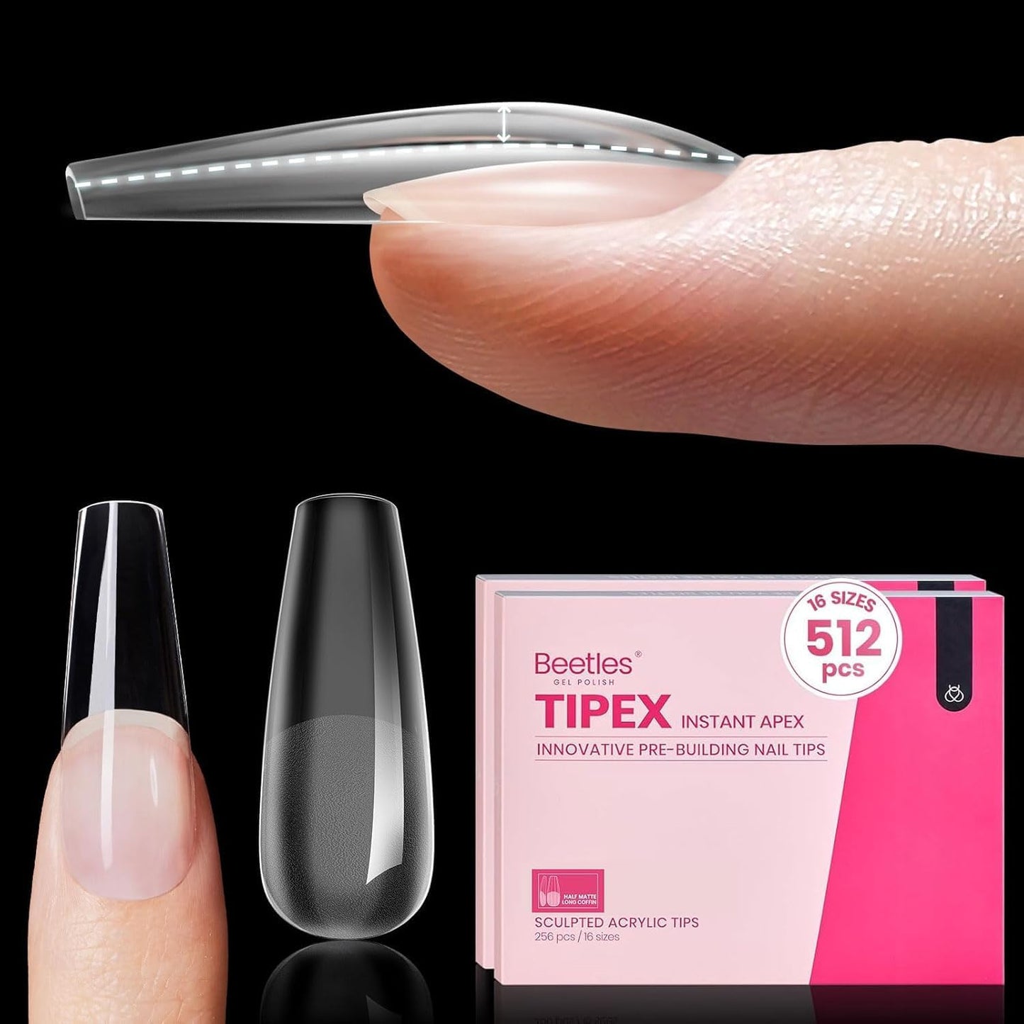 Beetles Tipex Instant Apex Nail Tips Coffin Long 16 Sizes 512 Pcs Pre-Etched Pre-Building Strong Thick Acrylic Tips