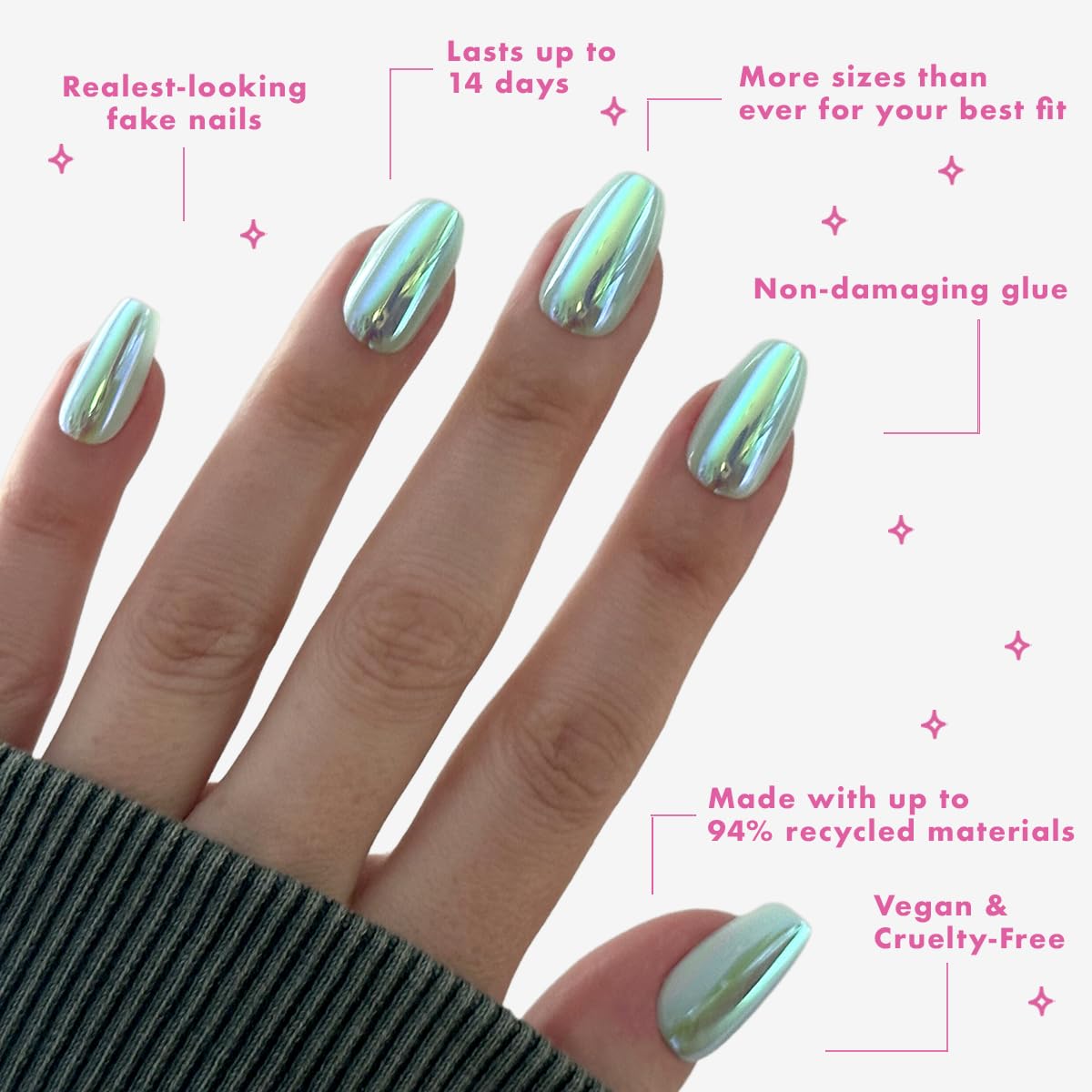 Olive & June Maximalist Instant Mani Press-On Nails (Glue) | 42 Fake Nails, 21 Sizes | Non-Toxic, Long-Lasting Big, Bold Gorgeous Realistic Look | Salon-Quality | Medium, Coffin | Teal Glass Chrome