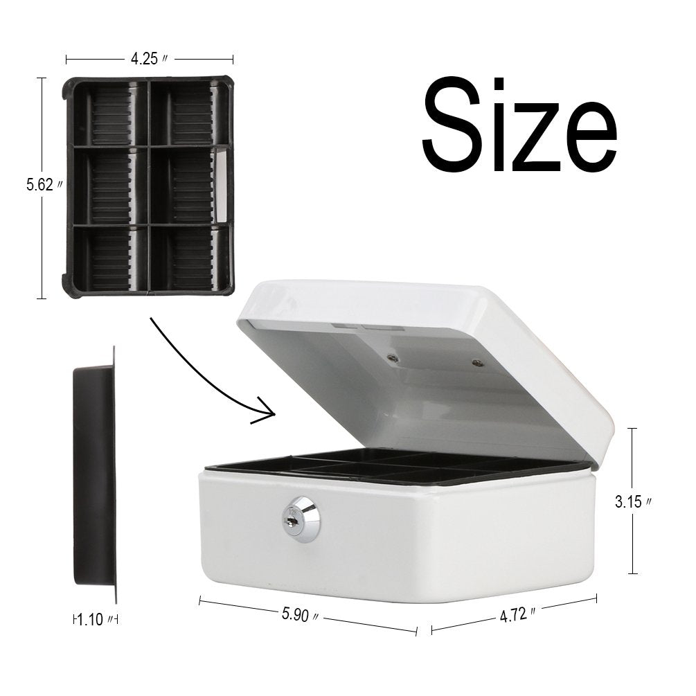 Decaller Small Cash Box with Key Lock, Double Layer Metal Money Box for Home Security, Portable Locking Box, 5.9" x 4.7" x 3.2", White