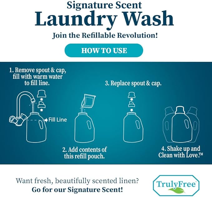 Truly Free Natural Laundry Detergent for Sensitive Skin | Eco Friendly, Plant Based, Baby Clothes Safe | Clean & Easy Powder to Liquid, 3 Pack Detergent + 1 Refillable Jug | Signature Scent 150 Loads