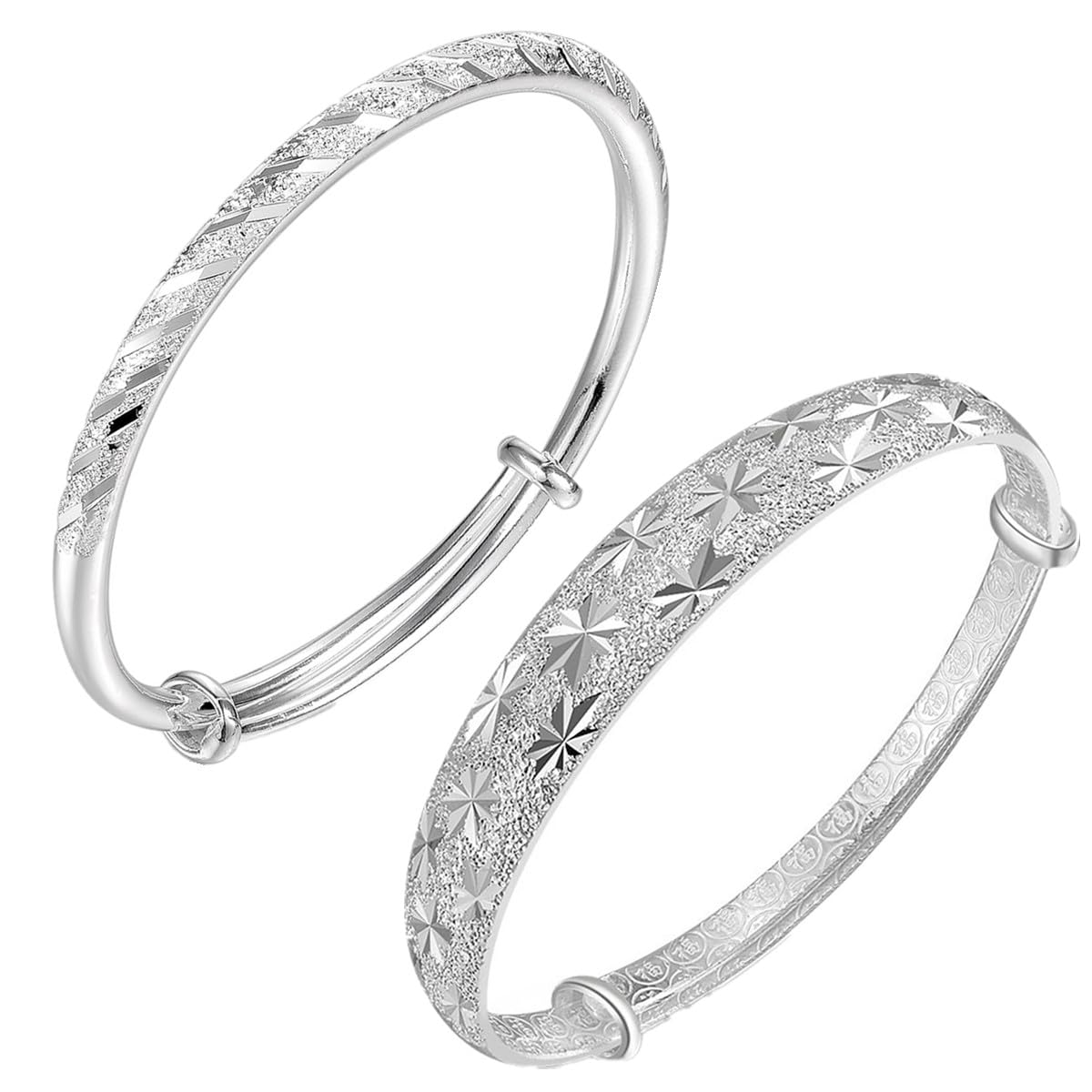 Eyixvan 2 Pack Silver Plated Adjustable Bangle Bracelets for Women, Classical Stackable Bangle Set for Women, Jewelry Gift for Valentines Day, Mothers Day, Birthday,Anniversary,Christmas Gift for Her
